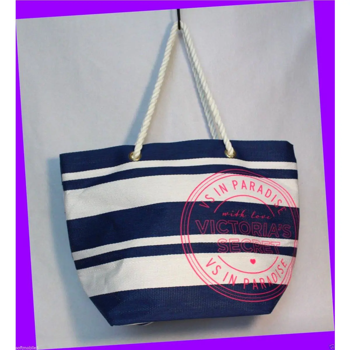 Victoria`s Secret Striped Blue White Canvas Beach Tote Bag w/ Rope Handles