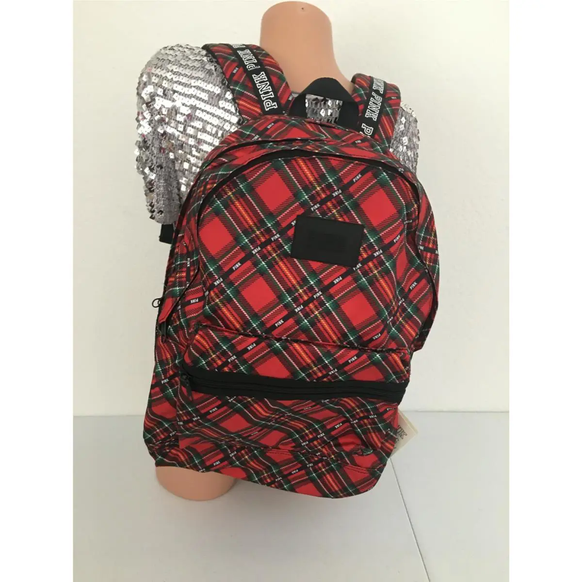 Victoria`s Secret Pink Women`s Backpack Book Bag Campus Bag Plaid Red Green