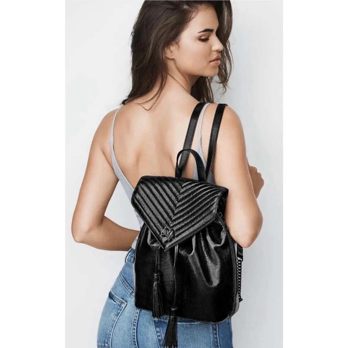 Victoria’s Secret Angel V-quilt Crackle Black Metallic Backpack