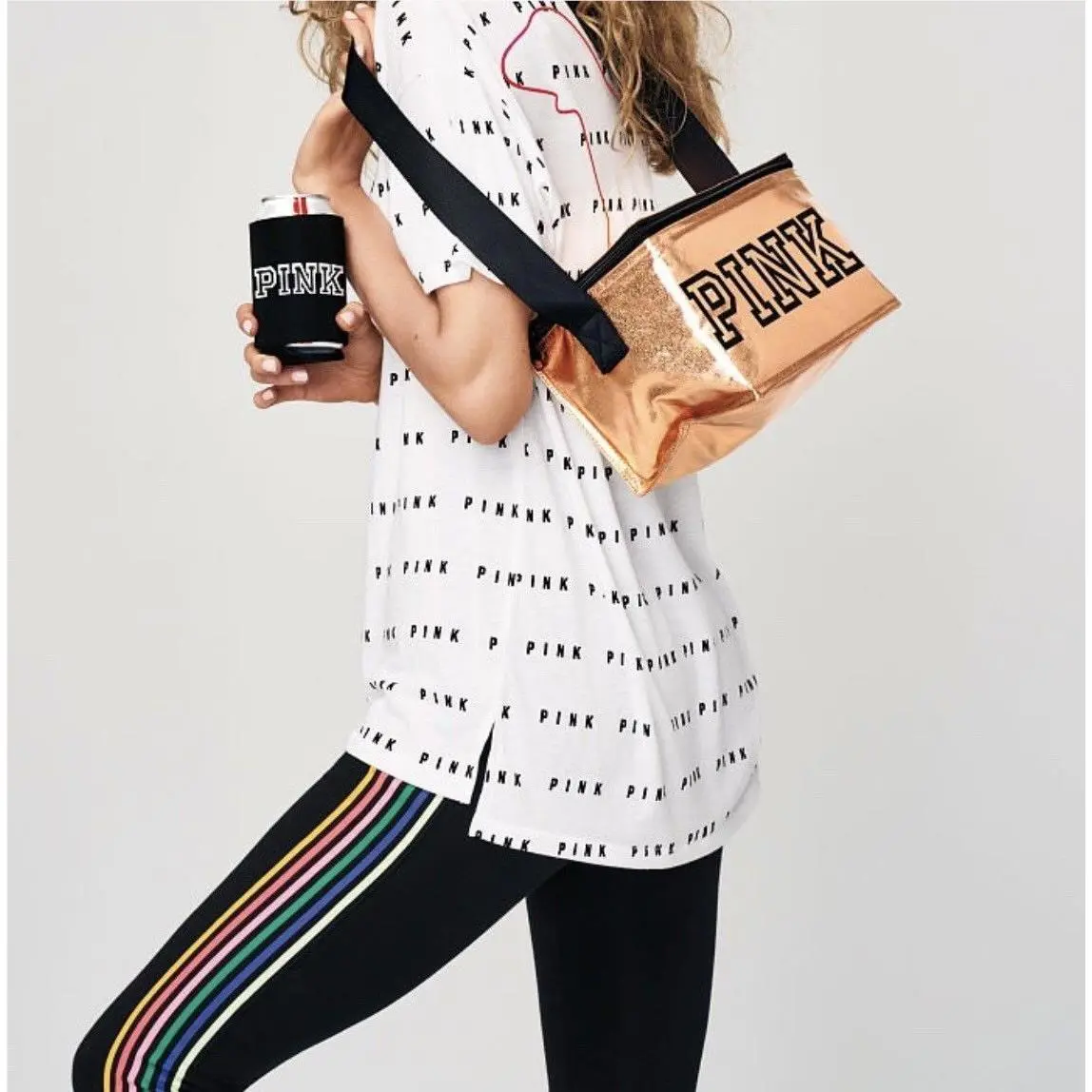 Victoria`s Secret Pink Zip-up Rose Gold Cooler Lunch Box Bag with Black Koozie