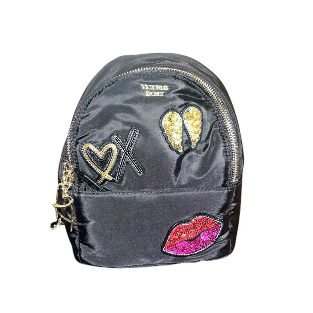 Victoria’s Secret Small City Patch Backpack Black Zip Pockets