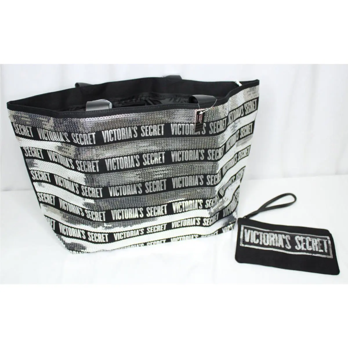 Victorias Secret Tote w Wristlet Make-up Bag Black Silver Sequin Weekender
