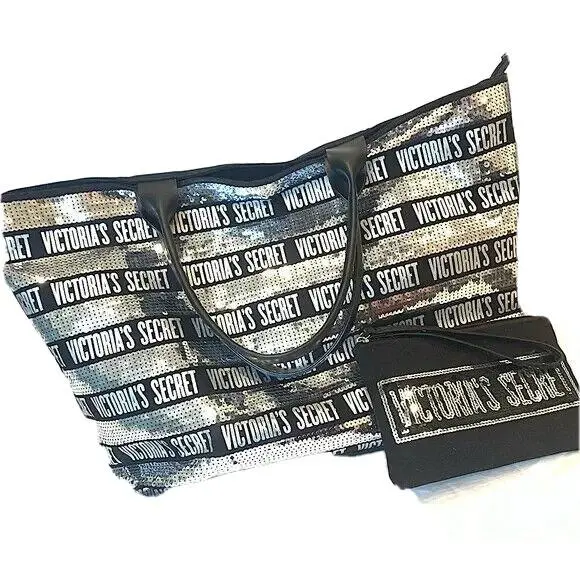 Victoria’s Secret Black Silver Logo Sequins Bling Tote Bag Wristlet
