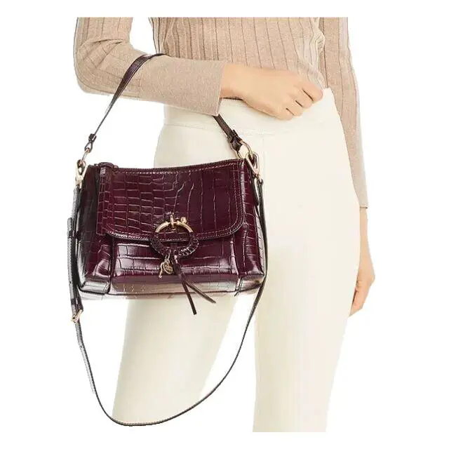 See by Chloe Joan Croc Emboss Leather Shlder Bag Darkened Brown /gold Dust Bag - Handle/Strap: burgundy, Hardware: Gold, Exterior: Embossed Croc Burgundy