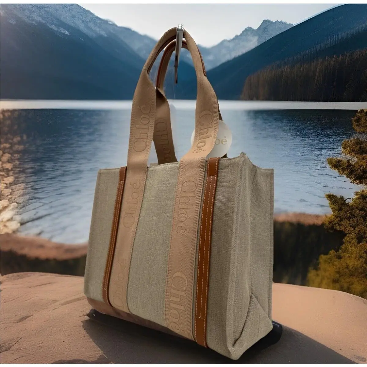 Chloé Medium Woody Linen Canvas Tote Shopper Bag In Soft Tan Color