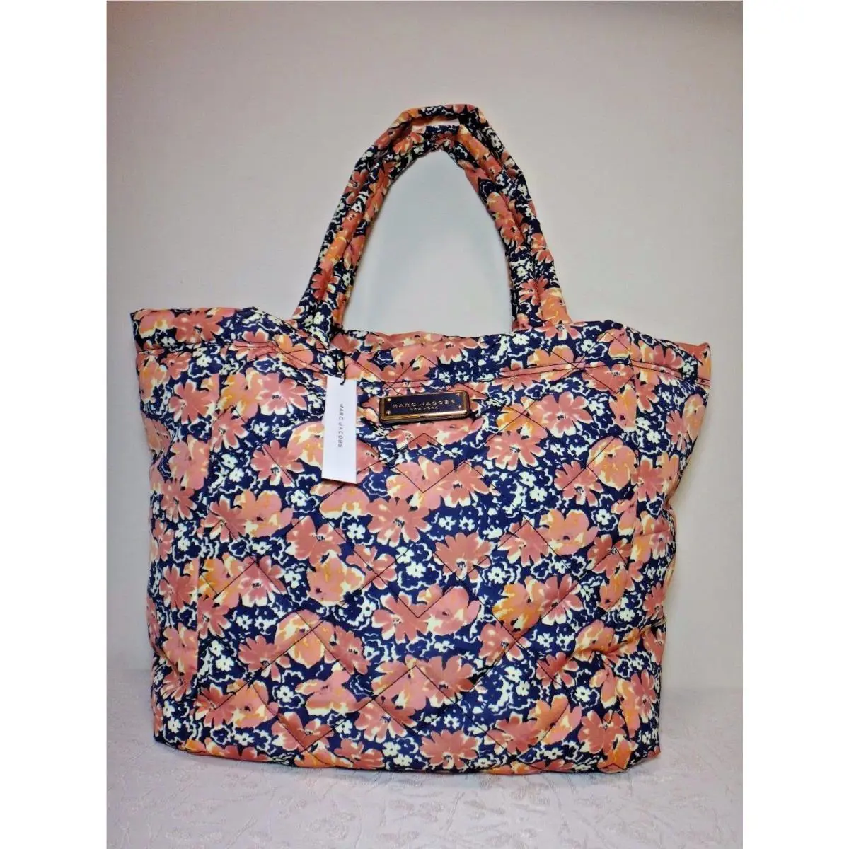 Marc By Marc Jacobs Quilted Wildflower Sml/lg Tote Gray Pinstripe/eclipse