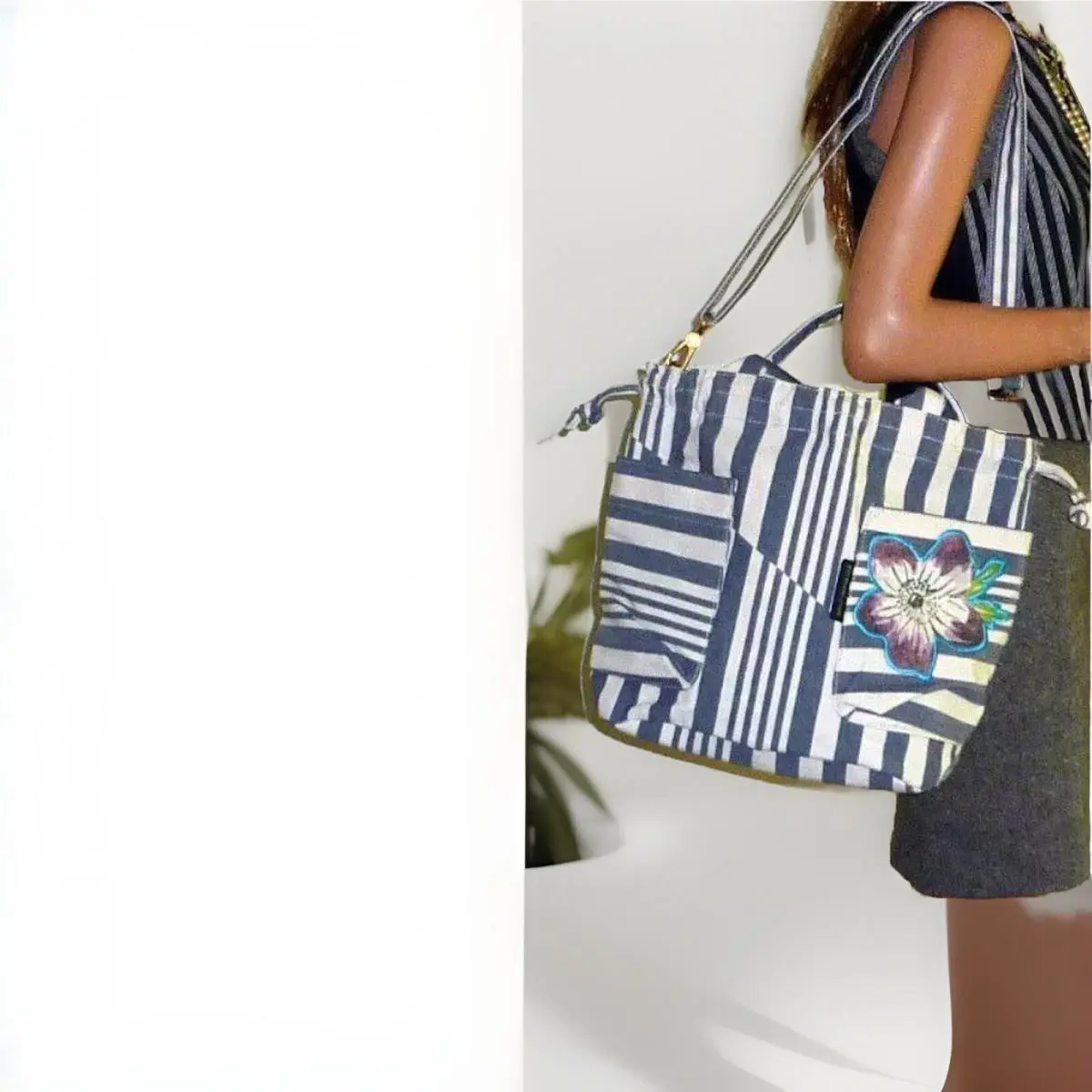 Marc BY Marc Jacobs Floral Striped Marine Blue Canvas Shoulder Bag
