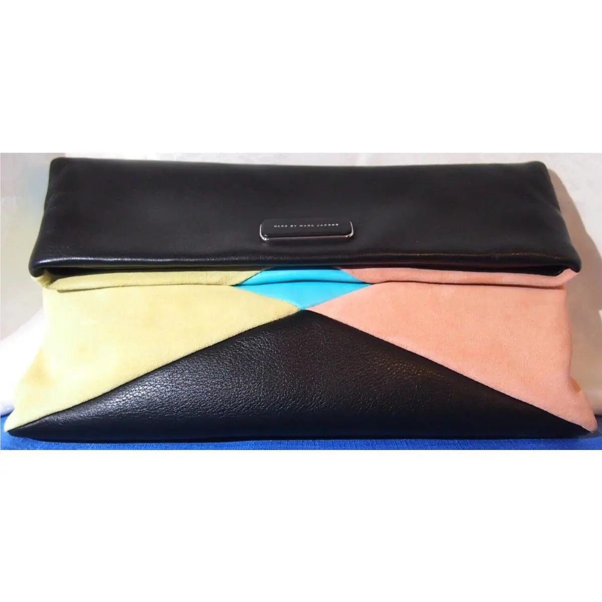 Marc By Marc Jacobs Hvac Colorblock Fold-over Clutch-black Multi Suede Leather