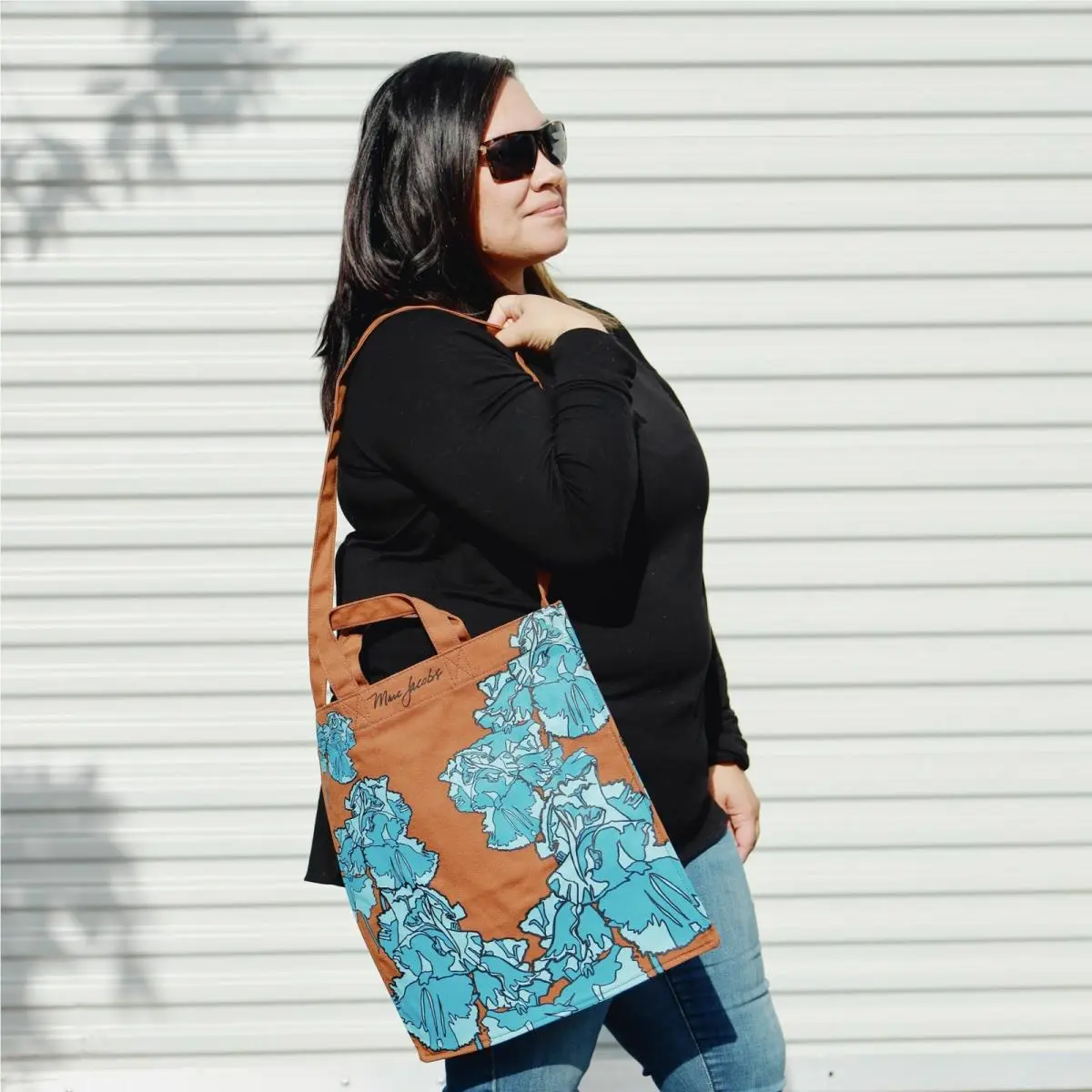 Marc Jacobs Brown Blue Pansy Floral Crossbody Tote Bag