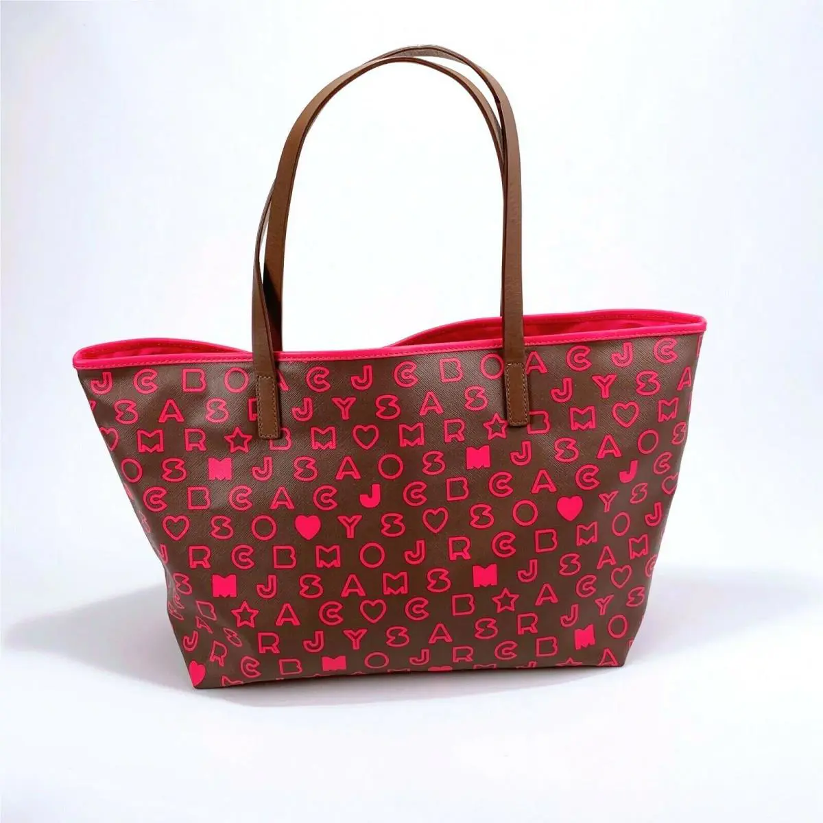 Marc By Marc Jacobs Shoulder Bag Vinyl Tote Brown Pink Monogram Leather Straps