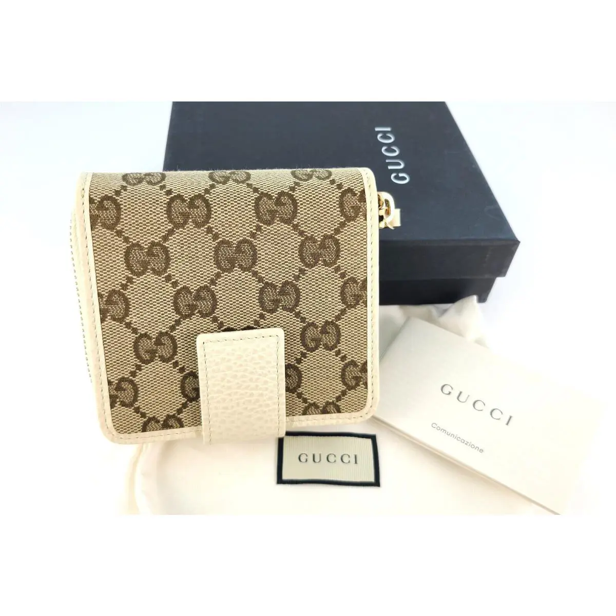 Gucci Women`s Signature GG Small Bifold Zipper Wallet Beige Brown 346056