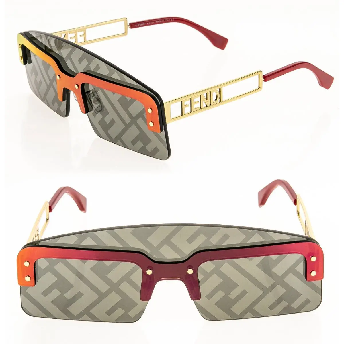 Fendi Technicolour 40023 Red Gold FF Mirror Print Futuristic Sunglass FE40023U