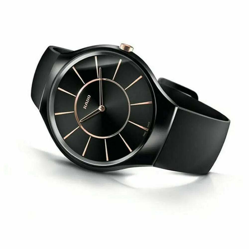 Rado Thinline 30mm Ladies Swiss Watch Black Ceramic Rose Gold Dial R27742159