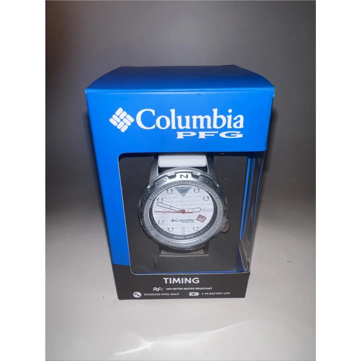 Columbia Timing Backcaster Pfg Watch. SS Back White 100 Meter Water Resistant