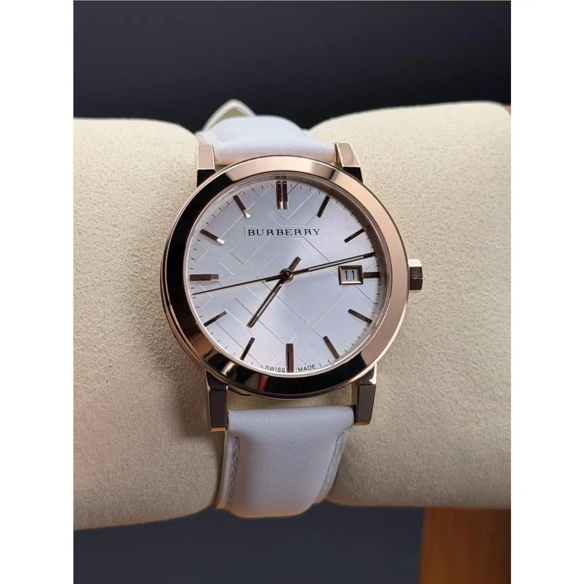 Burberry BU9012 Classic 38 MM Rose‑tone Swiss Woman`s Watch - Dial: White, Band: White, Bezel: Rose