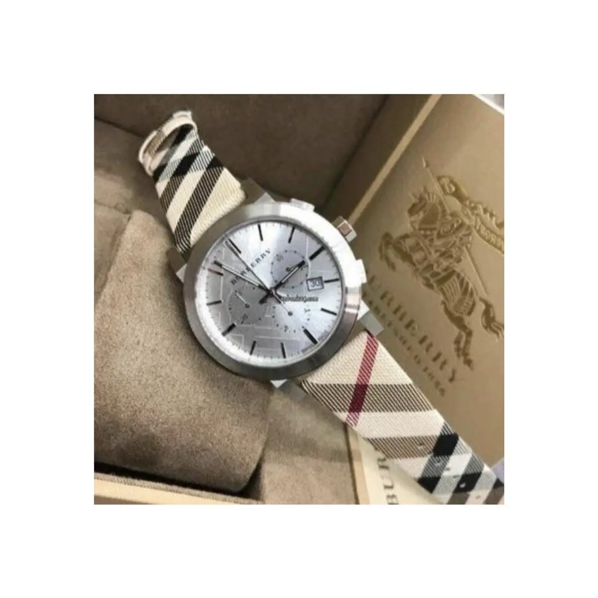 Burberry Mens Watch Multicolour Leather and Fabric Strap with Silver Dial BU9357 - Dial: Silver, Band: Multicolor, Bezel: Multicolor