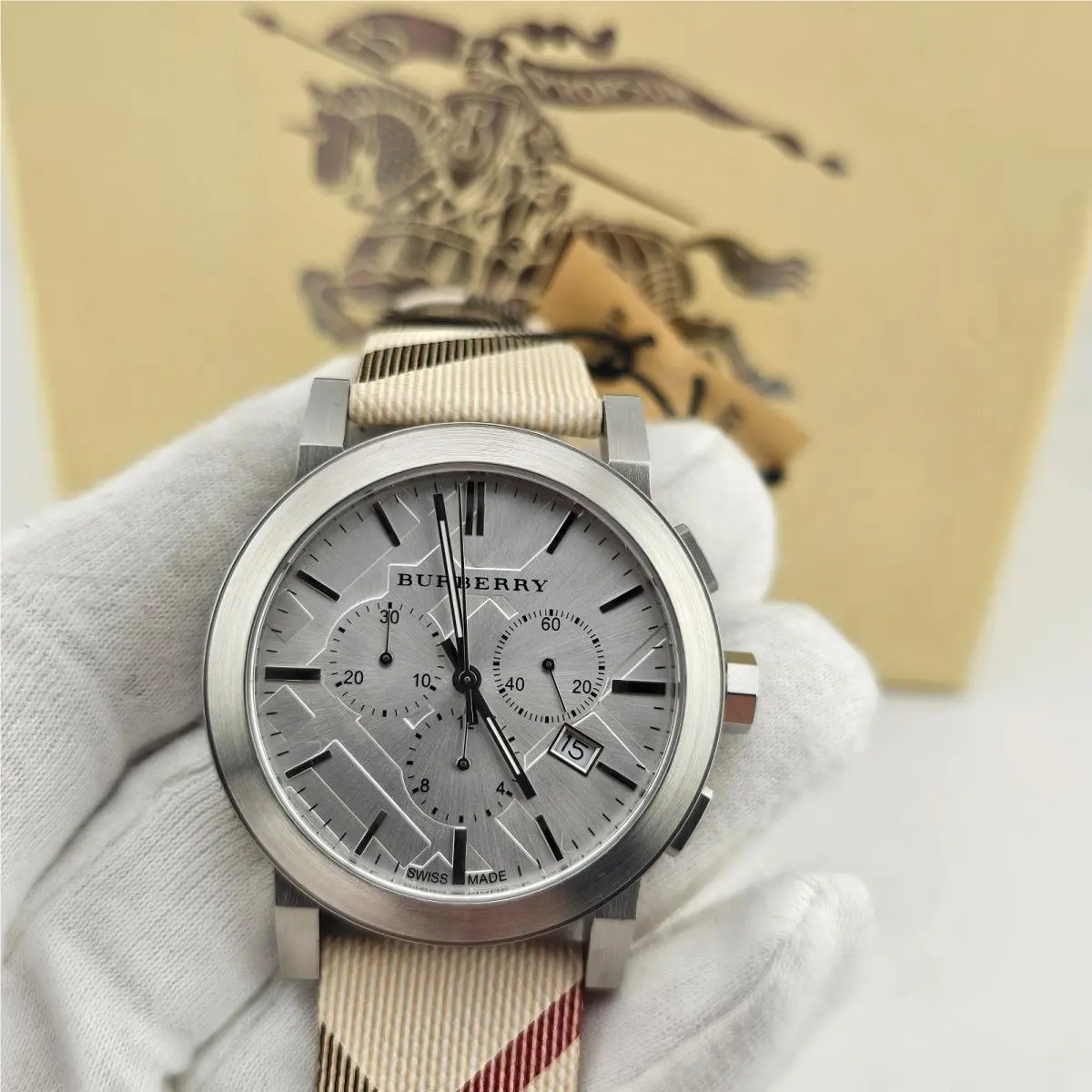 Burberry BU9357 Mens Watch Multicolour Leather Fabric Strap Silver Dial - Dial: Silver, Band: Multicolor, Bezel: Silver