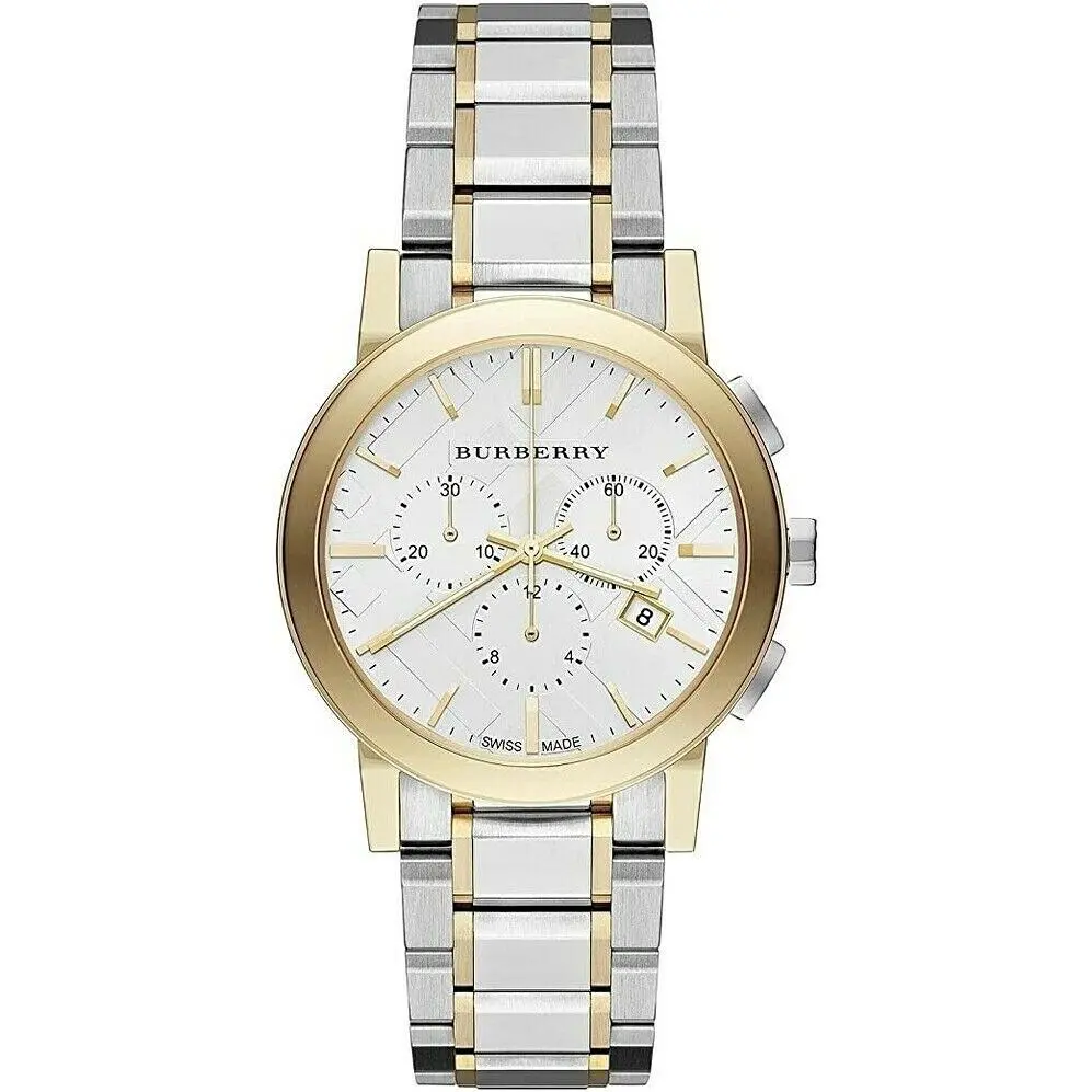 Burberry BU9751 The City Two Tone Stainless Steel Chronograph Watch - Dial: Silver, Band: Silver, Gold, Bezel: Gold