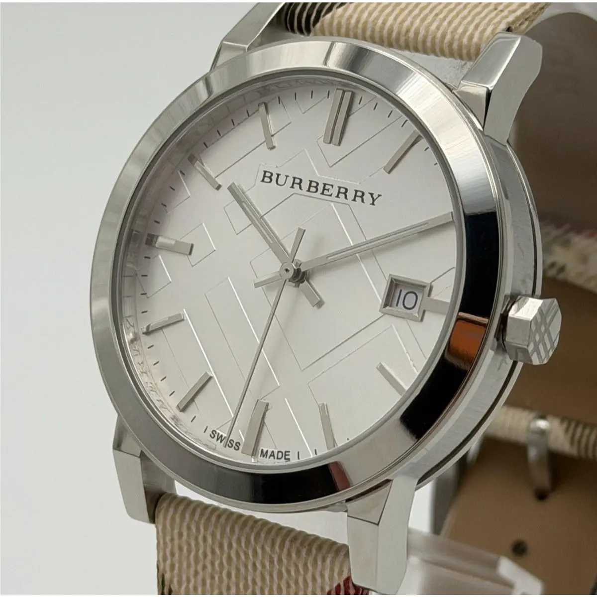 Burberry The City BU9022 38MM Nova Check Swiss Silver Leather Band Unisex Watch - Dial: White, Band: Multicolor, Bezel: Silver