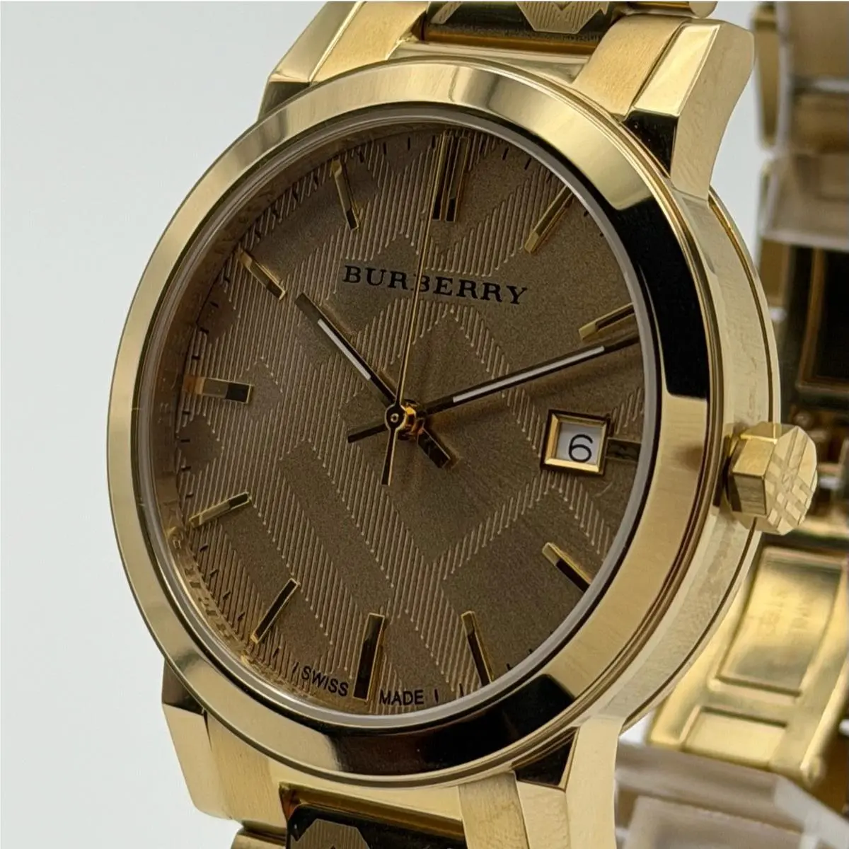 The City BU9038 38MM Checked Trademark Swiss Gold Unisex Watch by Burberry