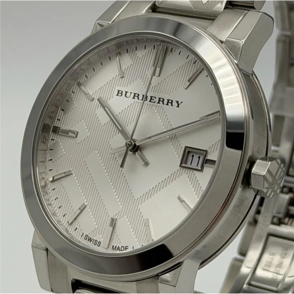 The City BU9037 38MM Checked Trademark Swiss Silver Unisex Watch by Burberry