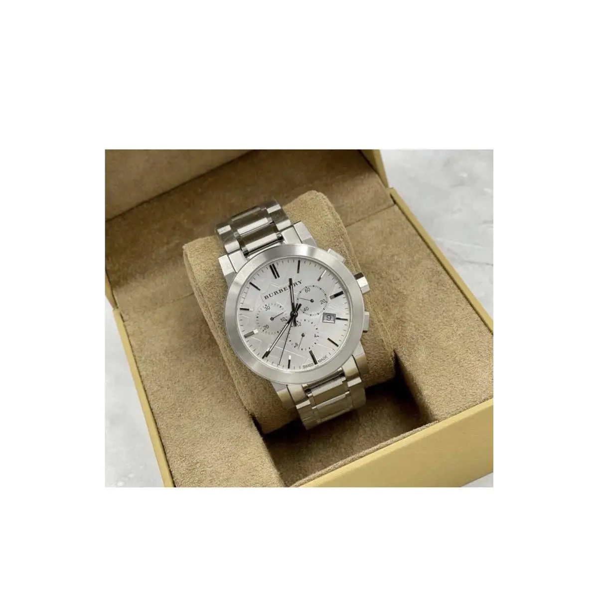 Burberry BU9350 Classic Silver Dial Chronograph Stainless Steel Men`s Watch - Dial: Silver Check Stamped, Band: Silver, Bezel: Silver
