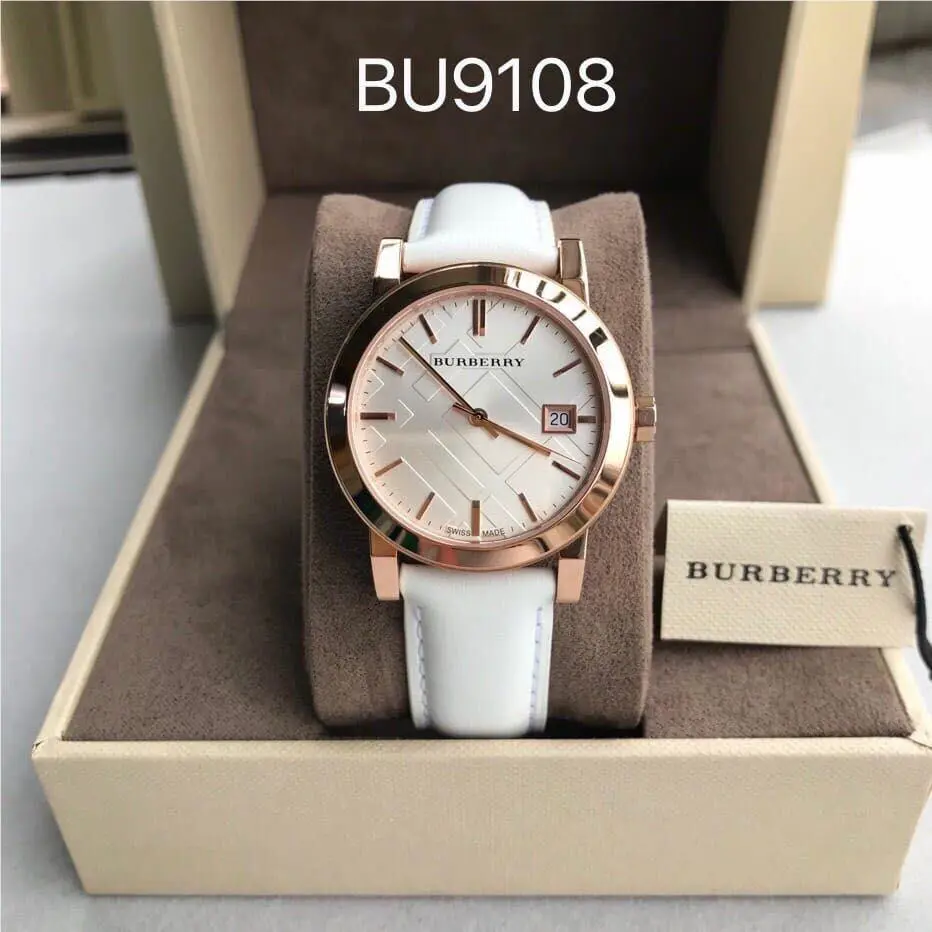 Burberry BU9108 Classic 34 mm Rose-tone Swiss Watch - Dial: White, Band: White, Bezel: Rose