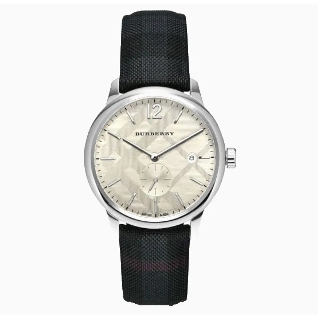 Burberry BU10008 The Classic Round Checked Steel Case Men`s Watch - Dial: Cream, Band: Black, Bezel: Silver