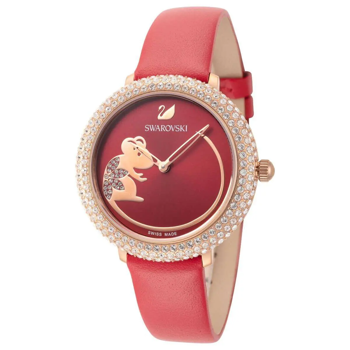Swarovski Women`s Swiss Made Quartz Crystal Frost White Red Leather Strap Watch