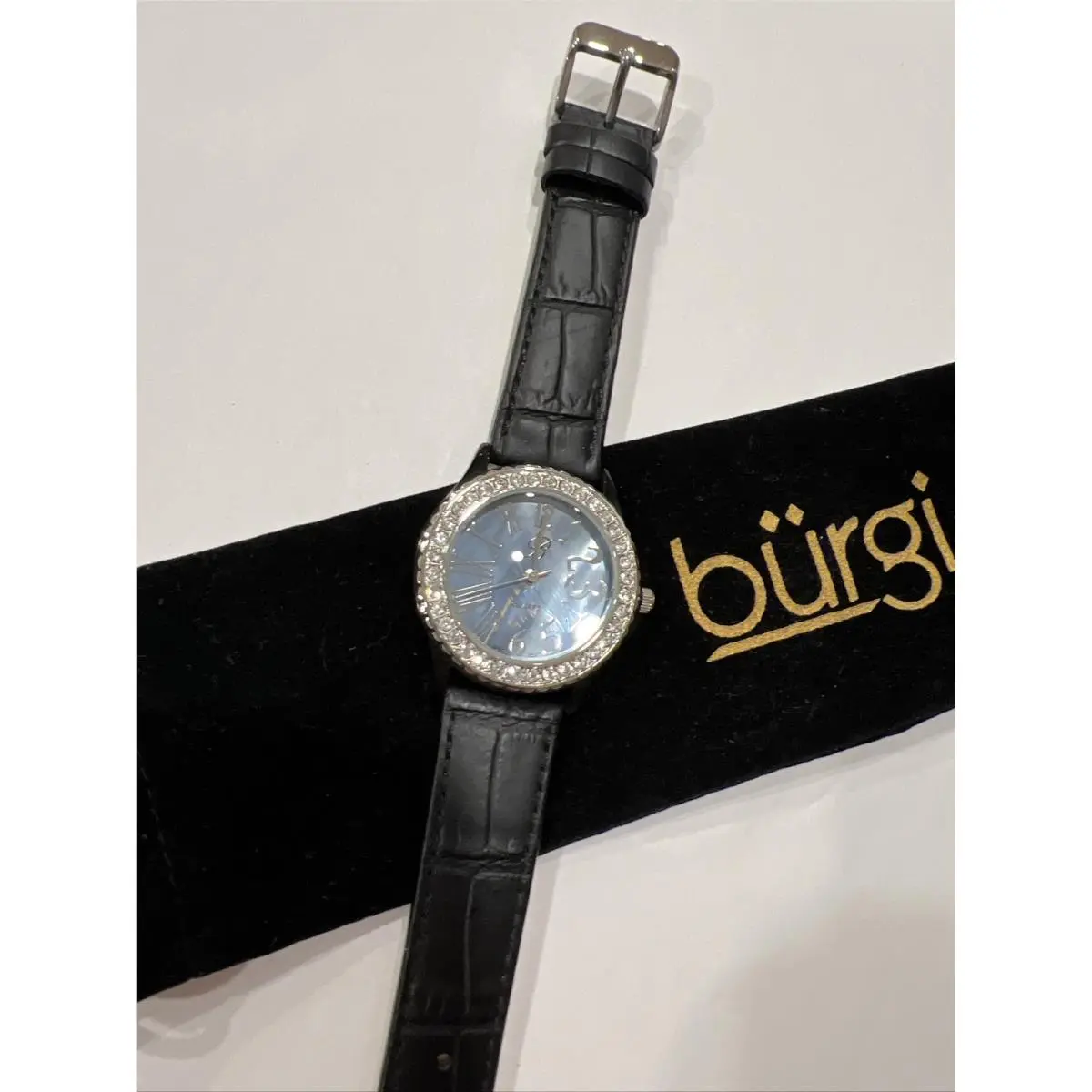 Burgi  Crystal Black Watch Mother Of Pearl Leather Band Quartz 9 by Swarovski