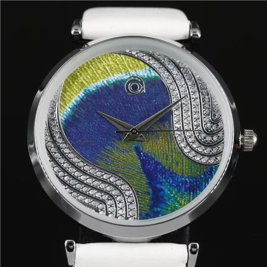 Magnicor Swarovski Crystals Peacock Wristwatch with White Band Leather 7.5 Inch