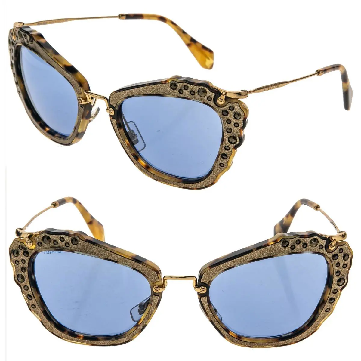Miu Miu Noir 04Q Brown Havana Blue Foil Leather Crystal Stud Sunglasses MU04QS