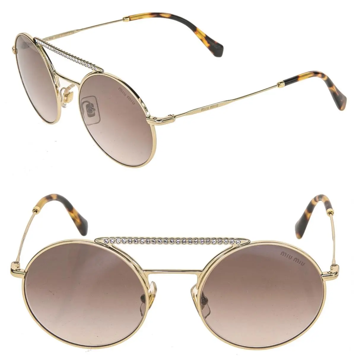 Societe MU52VS Crystal Bar Brown Gold Round Metal Runway Sunglasses 52V by Miu Miu