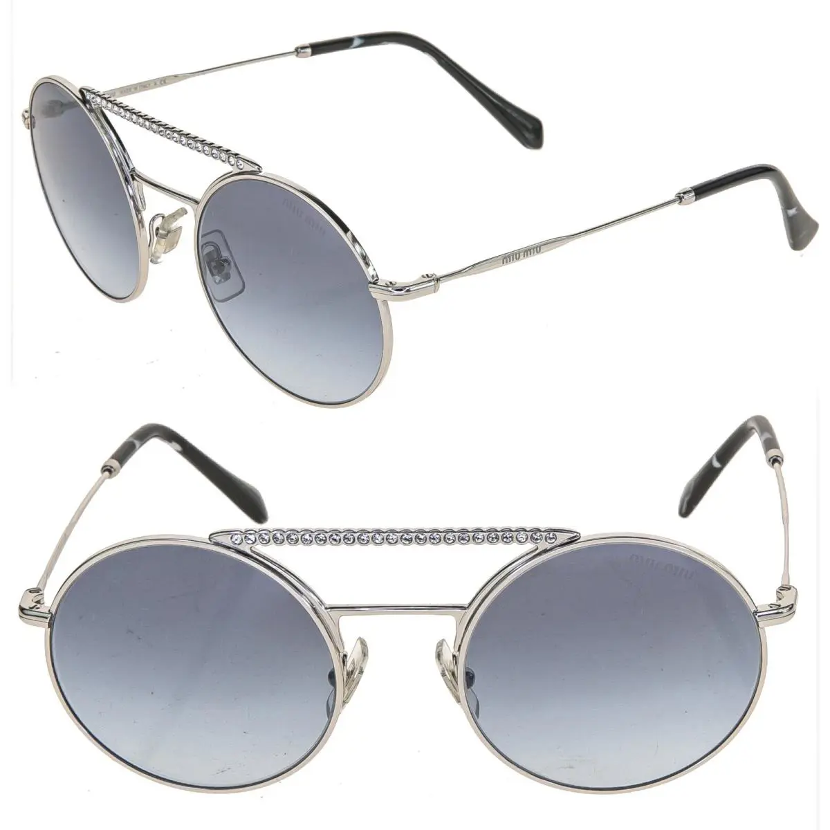 Miu Miu Societe MU52VS Crystal Bar Silver Blue Round Metal Runway Sunglasses 52V