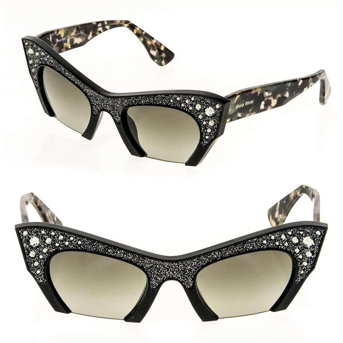 Miu Miu Rasoir 02Q Rock Sunglasses Cat Eye Black Marble Crystal Jewel MU02QS