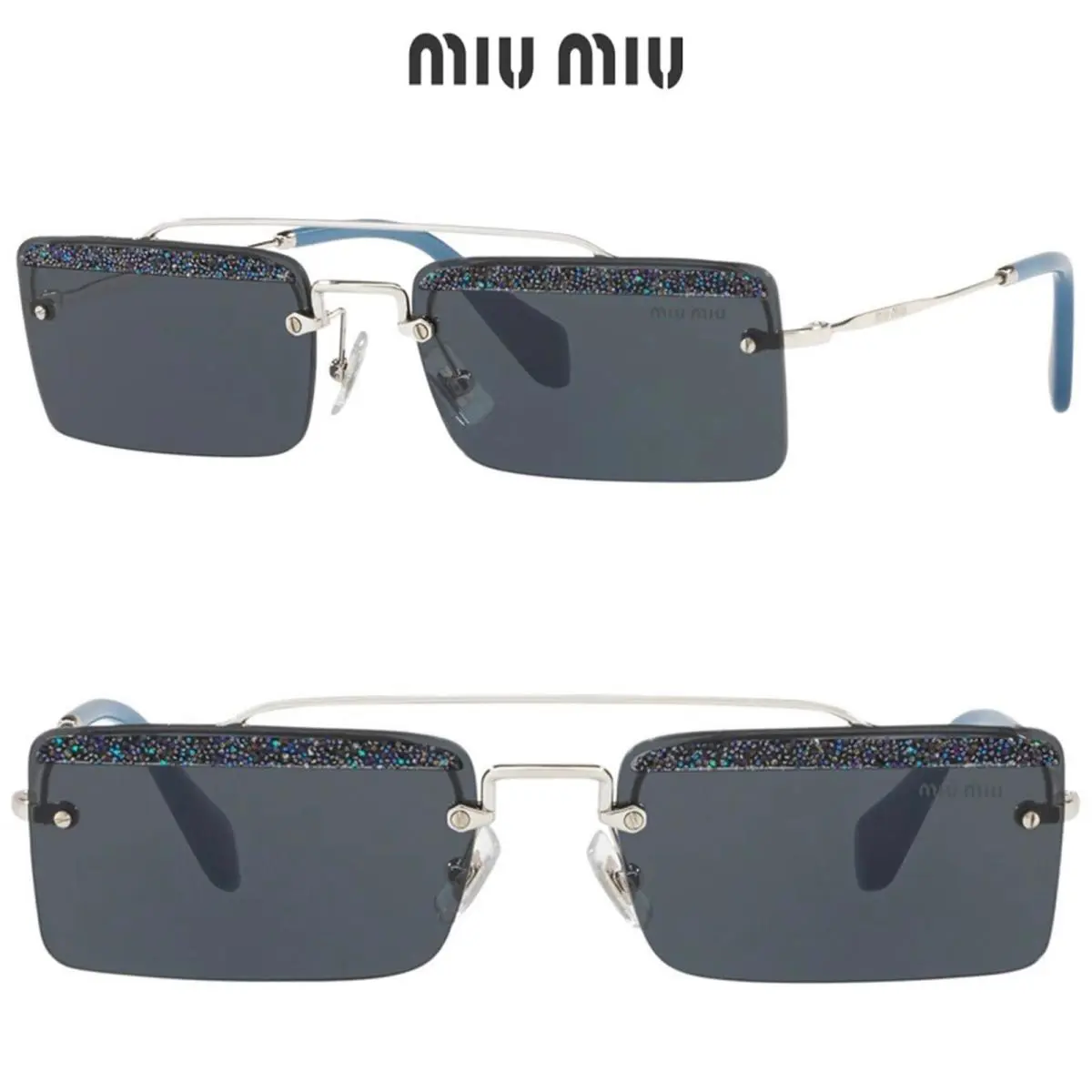 Miu Miu Societe SMU59T KJT-2K1 Silver Blue Glitter Square Sunglasses. 58 mm