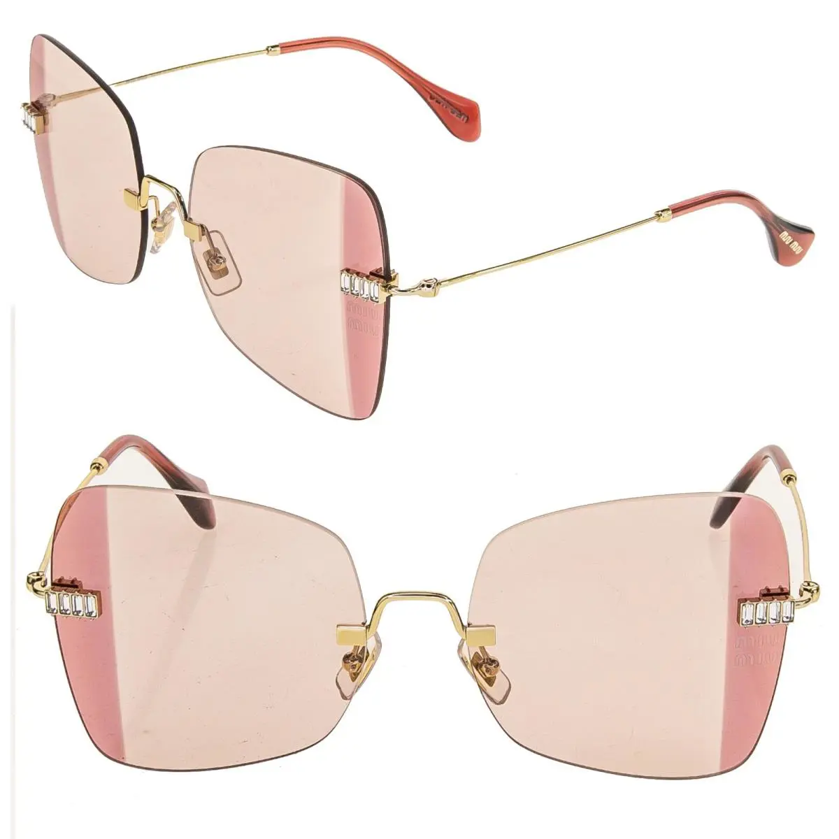 Miu Miu Runway MU50WS Pink Crystal Strass Gold Butterfly Rimless Sunglasses 50W