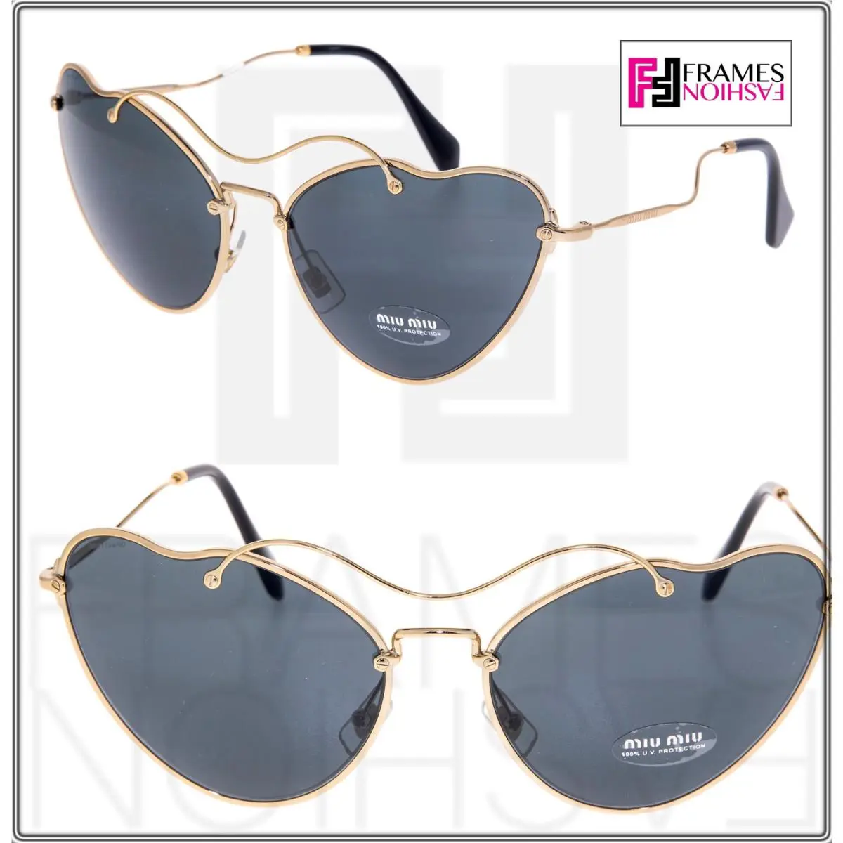 Miu Miu Scenique Cat Eye 55R Black Gold Cat Eye Metal Sunglasses MU55RS - 7OE-1A1, Frame: Gold, Lens: Black