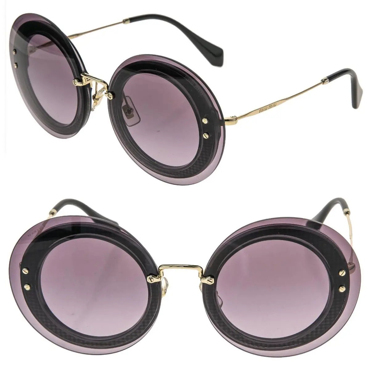 Miu Miu Reveal 10R Purple Violet Fabric Gold Round Oversized Sunglasses MU10RS