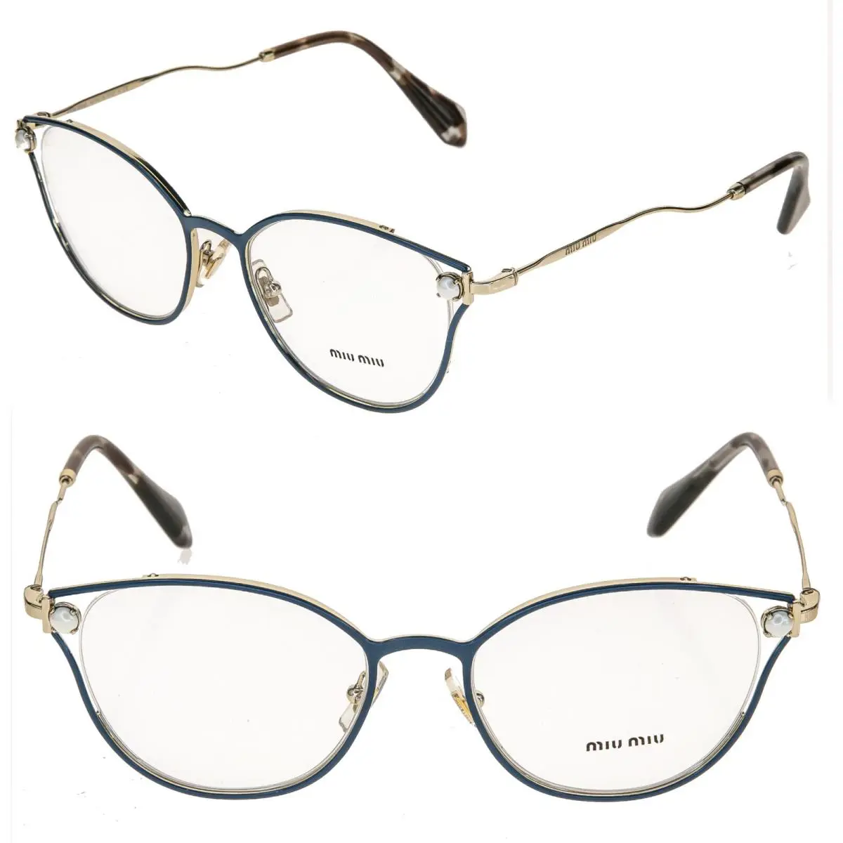 Miu Miu Pearl Stud 53Q Gold Metal Blue 52mm Optical Eyeglasses Frame MU53QV