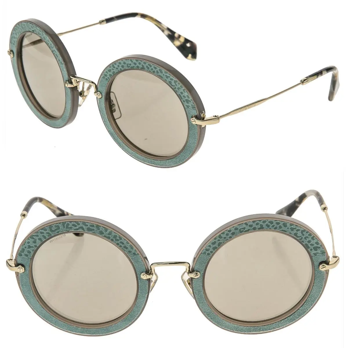 Miu Miu 08R Animal Print Leather Round Opal Clay Green Retro Sunglasses MU08RS