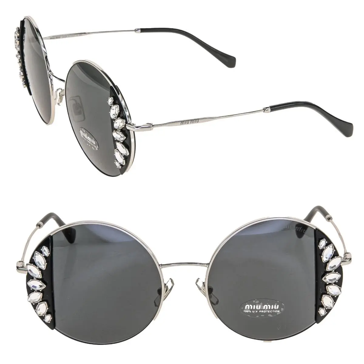 Miu Miu Core MU57VS Silver Black Crystal Jewel Round Metal Fashion Sunglass 57V