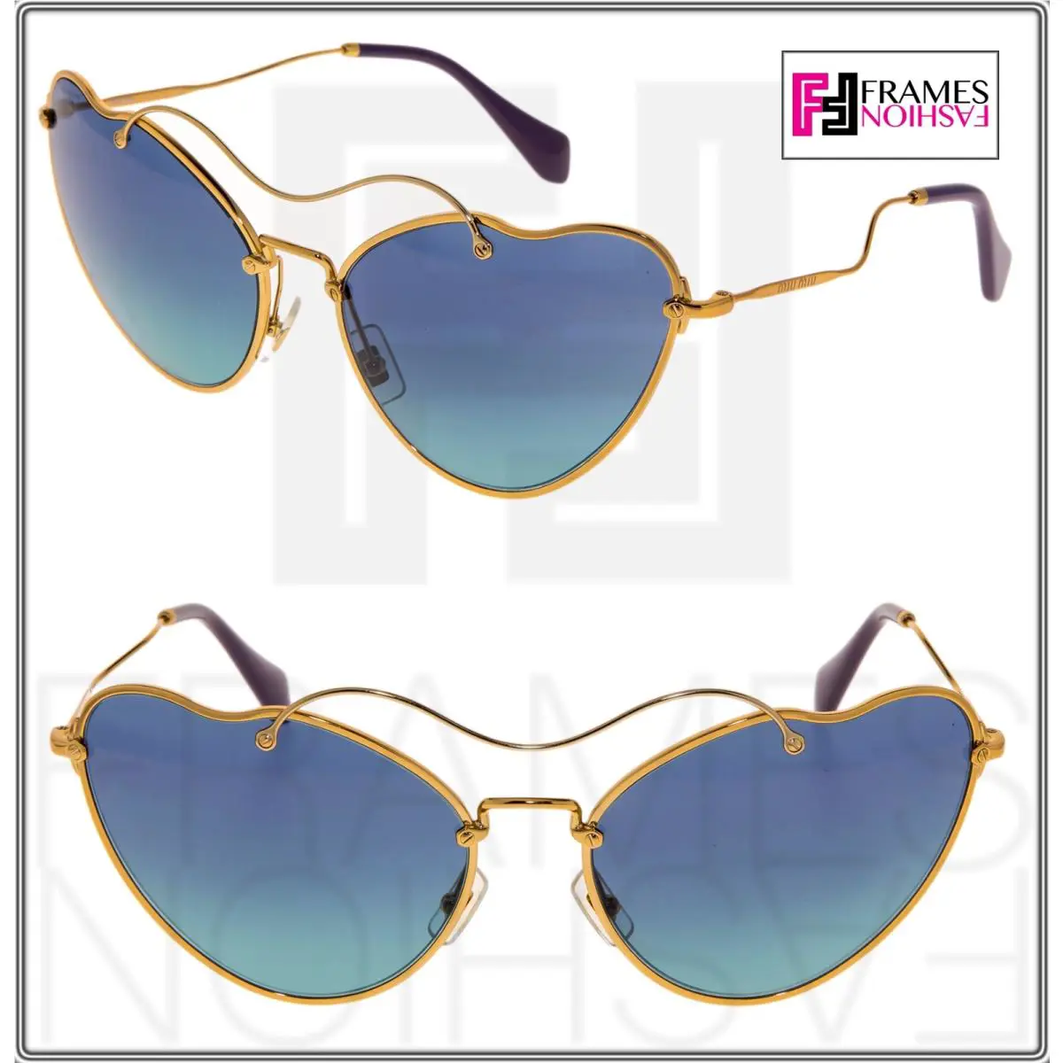 Miu Miu Scenique Butterfly 55R Blue Gold Cat Eye Metal Wave Sunglasses MU55RS