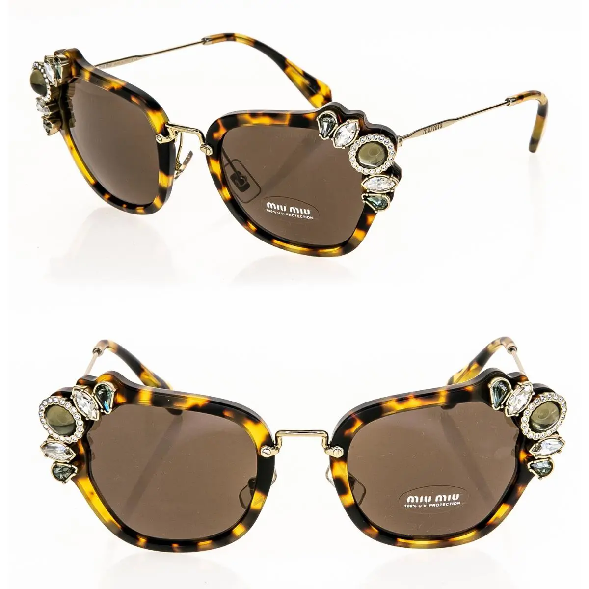 Miu Miu Runway Jewel 03S Brown Havana Gold Crystal Sparkle Sunglasses MU03SS