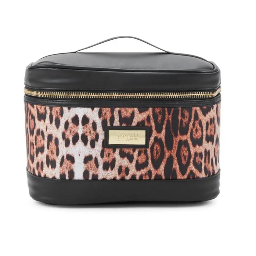 Cavalli Class BY Roberto Cavalli Animal Print Cosmetic Pouch Travel Bag - Handle/Strap: Black, Exterior: Leopard And Black, Lining: Beige