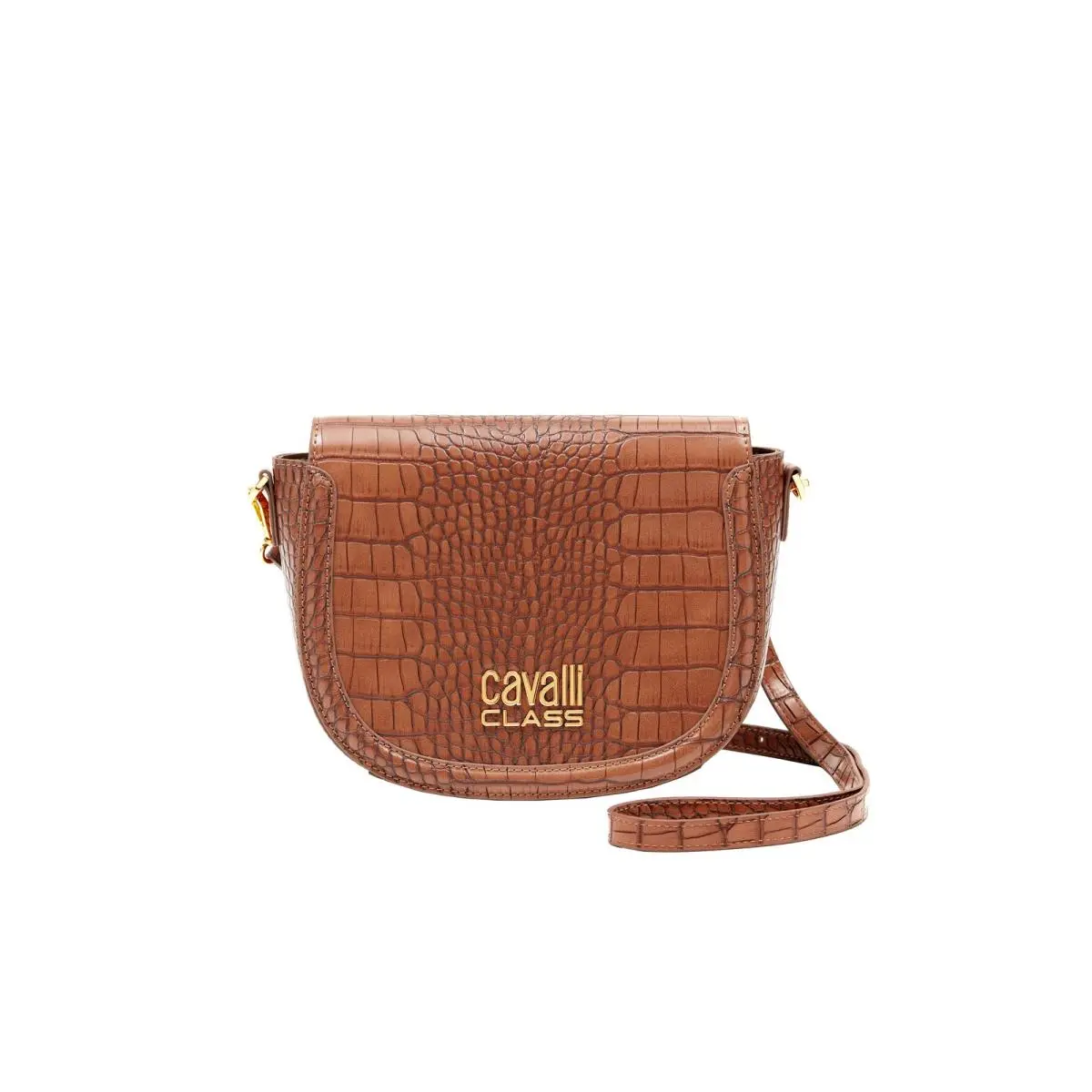 Cavalli Class Torino Brown Medium Crocco Saddle Crossbody Bag by Roberto Cavalli