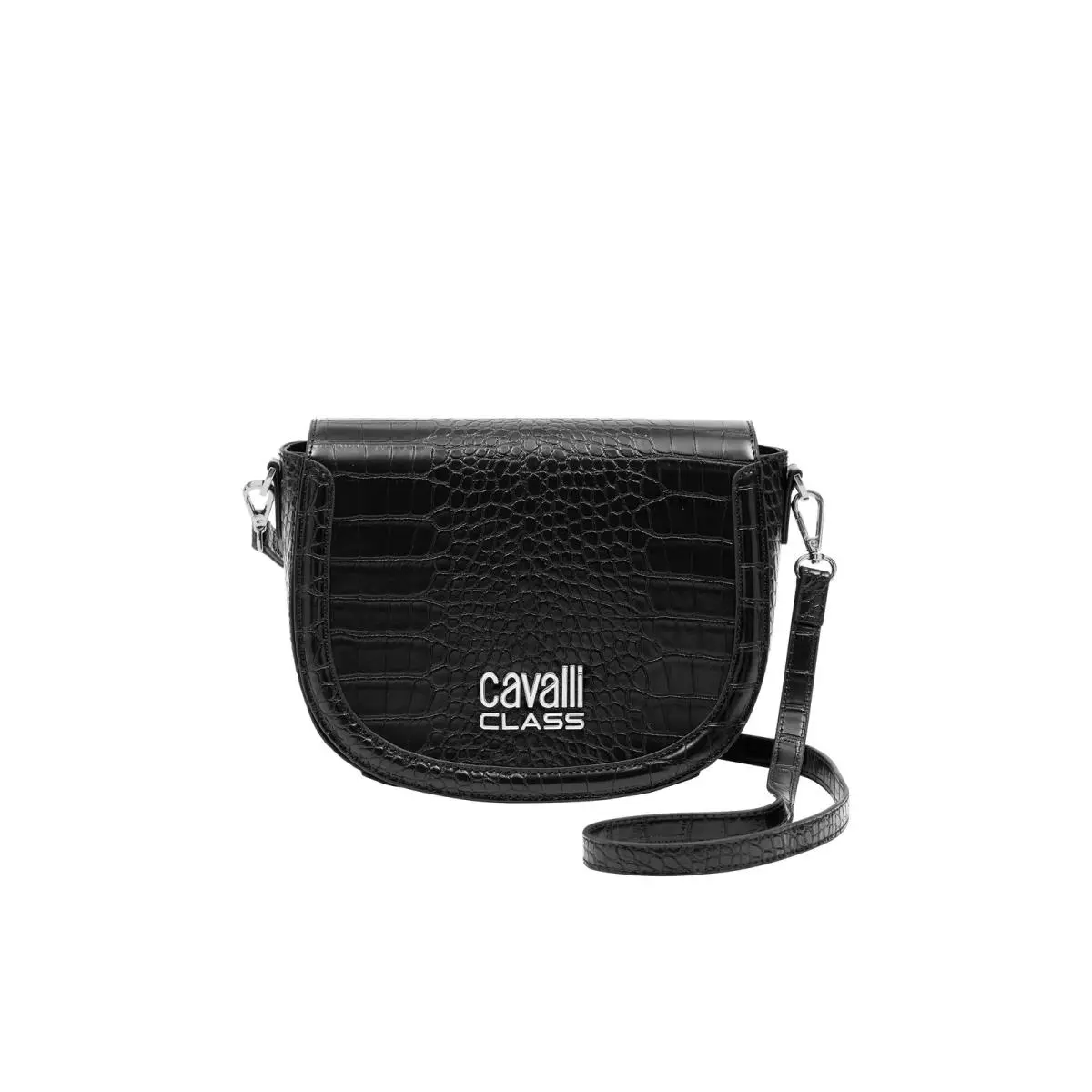 Cavalli Class Torino Black Medium Crocco Saddle Crossbody Bag