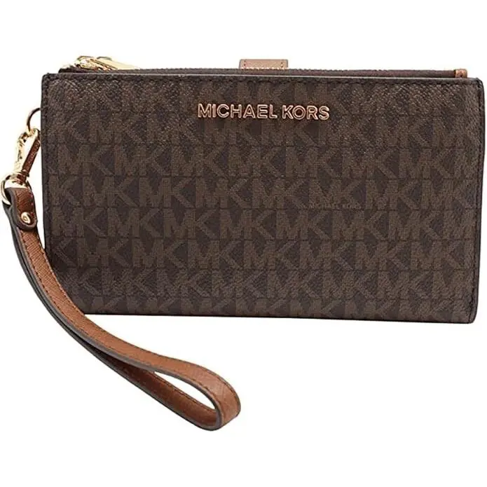 MK Jet Set Travel Double Zip Phone Wristlet Wallet Brown by Michael Kors