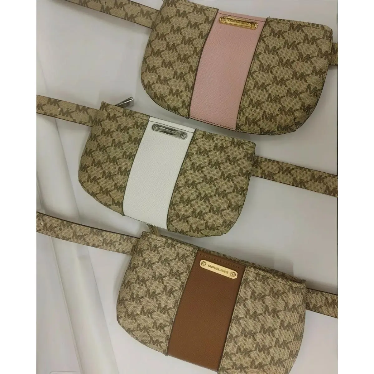Belt Waist Bag Mini MK Logo Purse Pink Brown White Fanny Pack Optic White by Michael Kors