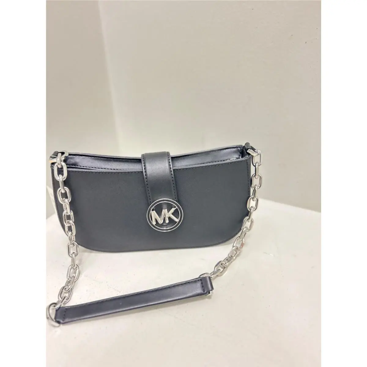Small Pouchette Crossbody Leather or Pvc Handbag Purse Shoulder Bag BLACK/SILVER by Michael Kors